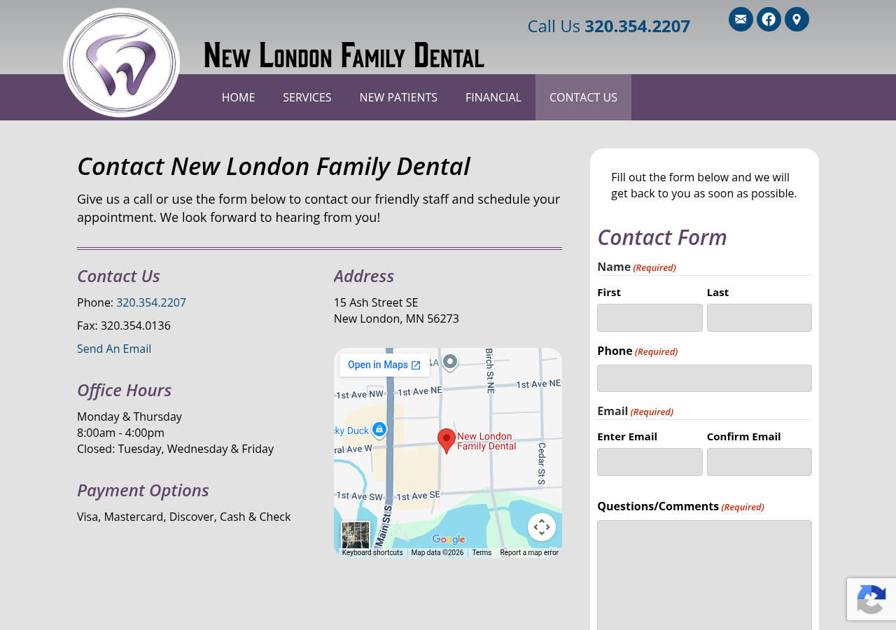 Screenshot of Contact New London Family Dental | 320-354-2207
