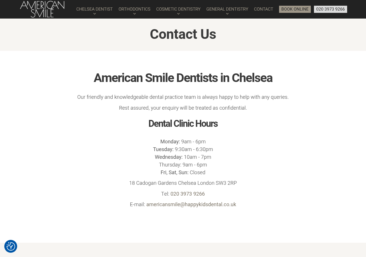 Screenshot of Contact American Smile Dentists in Chelsea, London