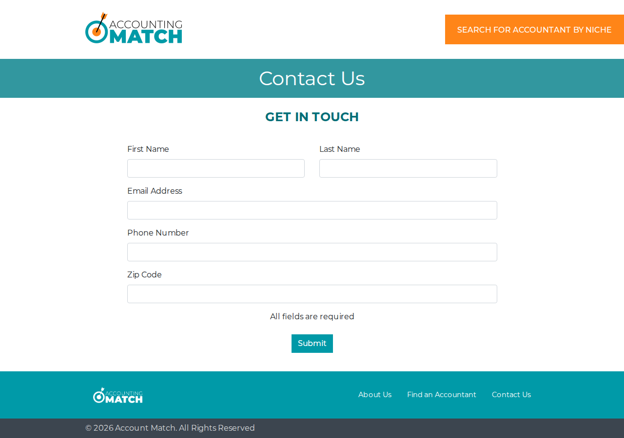 Screenshot of Contact Us - Accounting Match
