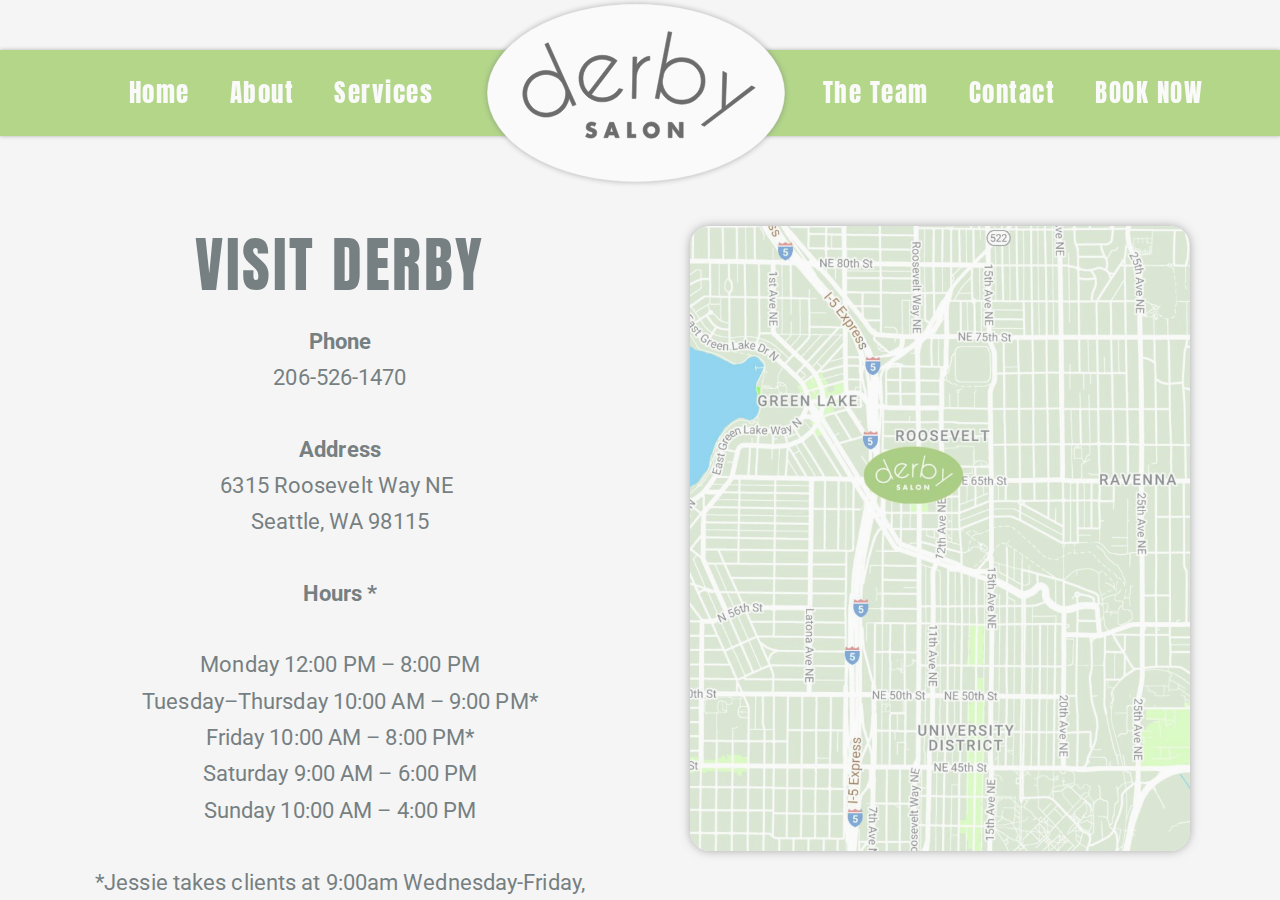 Screenshot of Contact - Derby Salon, Seattle, WA