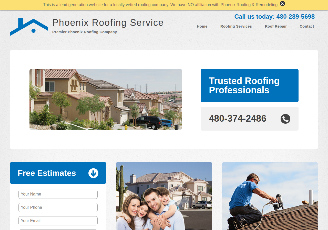 Screenshot of Phoenix Roofing Services: Phoenix Roofer specializing in roof repair and installation.
