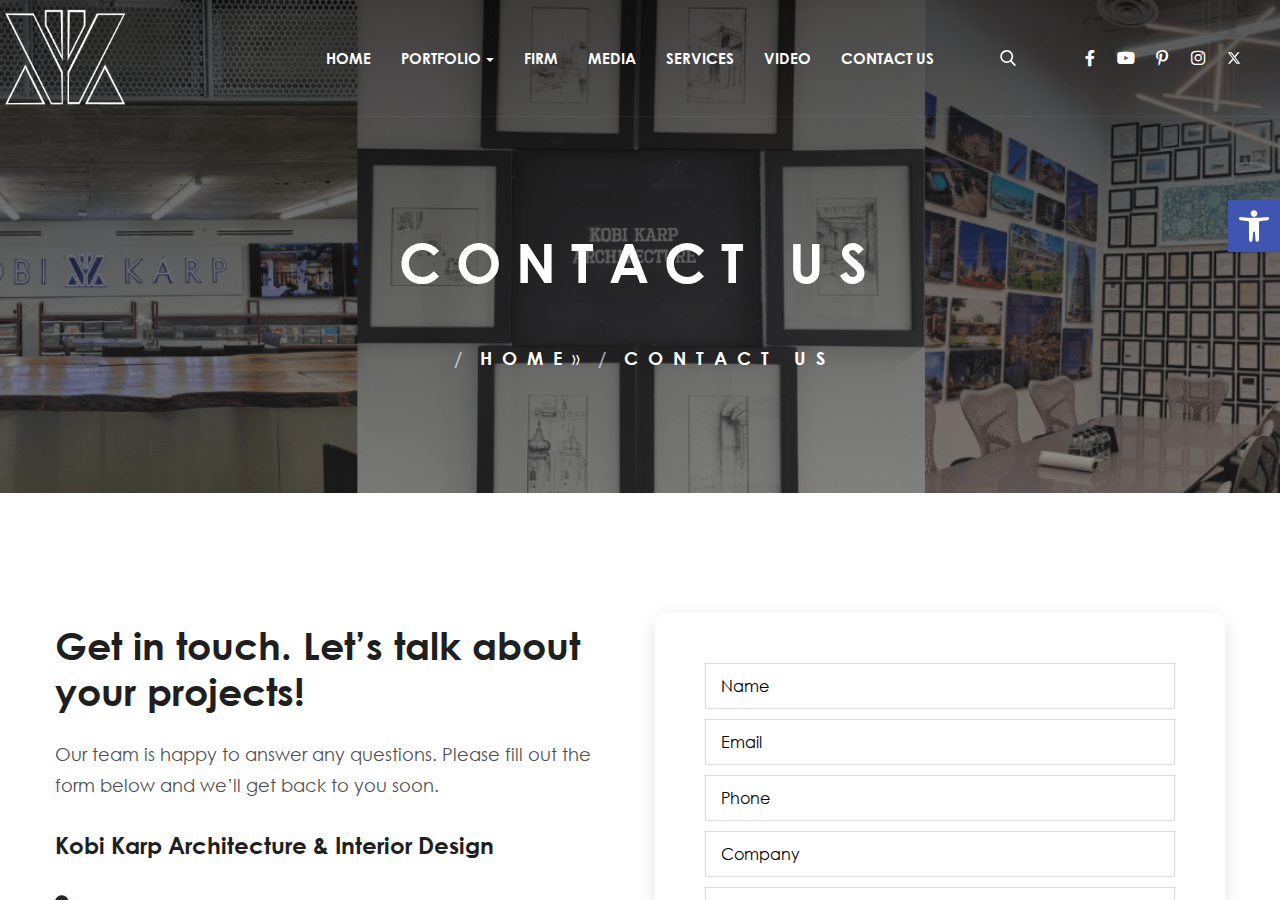 Screenshot of Contact Us - Architecture Interior Design Florida | Kobi KarpAccessibility ToolsIncrease TextDecrease TextGrayscaleHigh ContrastNegative ContrastLight BackgroundLinks UnderlineReadable FontReset