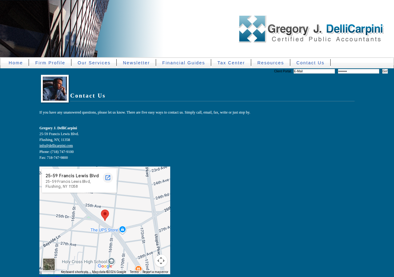 Screenshot of Flushing, NY CPA Firm | Contact Us Page | Gregory J. DelliCarpini