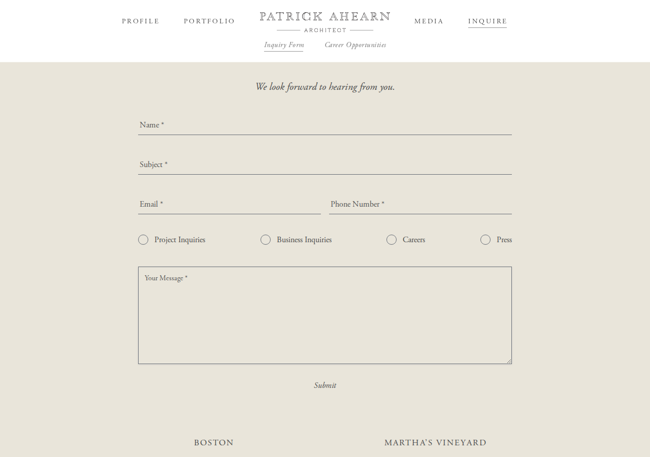 Screenshot of Inquiry Form - Patrick Ahearn Architect