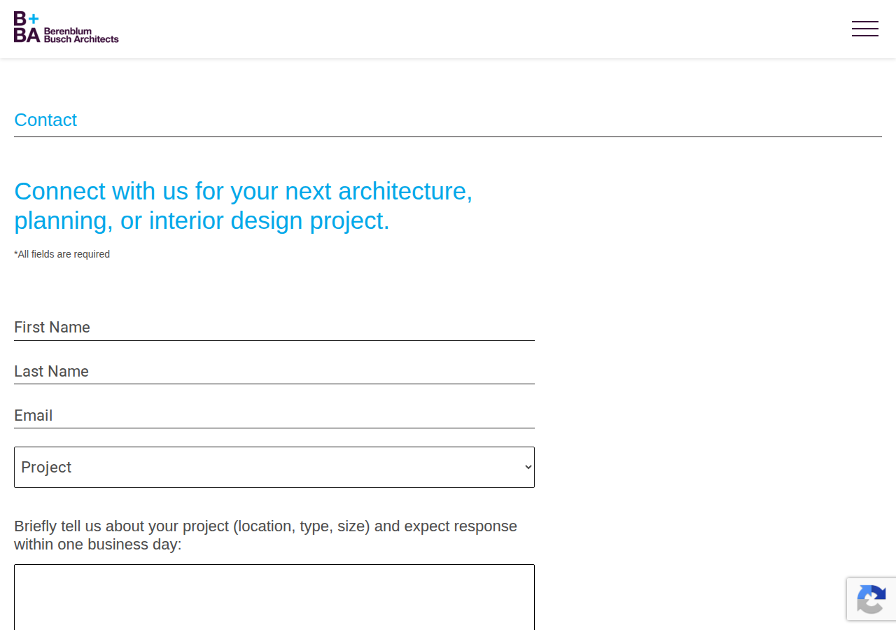 Screenshot of Contact - Berenblum Busch Architecture Inc.