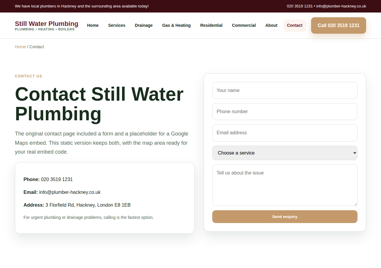 Screenshot of Contact Us | Still Water Plumbing Hackney — 020 3519 1231