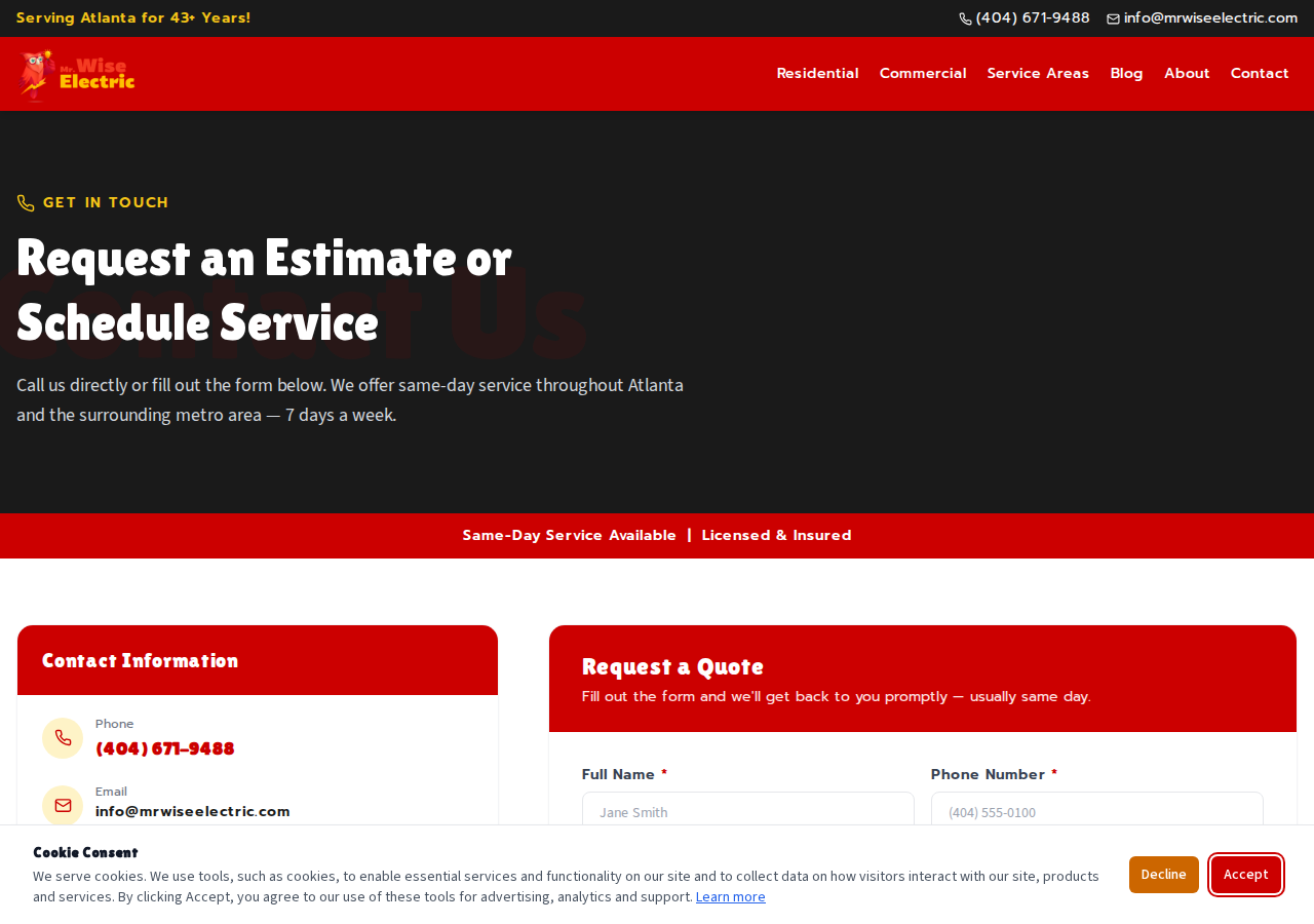 Screenshot of Contact Us | Mr. Wise Electric — Atlanta Electrician