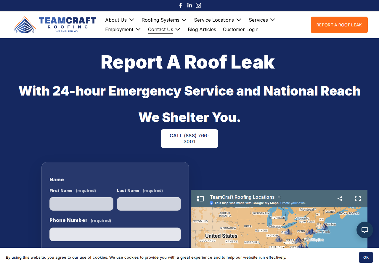 Screenshot of Report a Roof Leak — TeamCraft Commercial and Industrial Roofing Company | Re-roofing and Repair Service