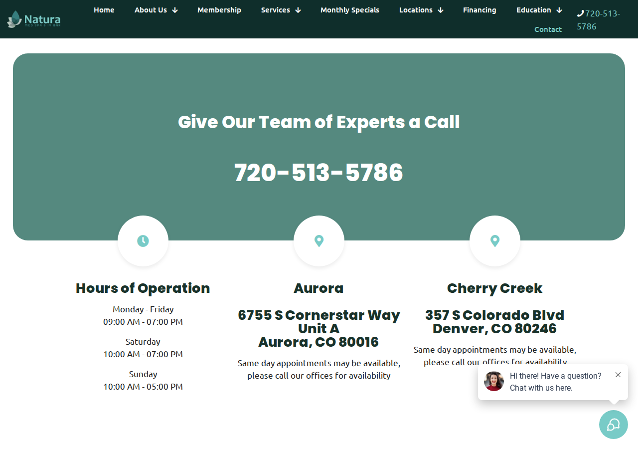 Screenshot of Contact Natura Med Spa & IV Bar in Aurora & Cherry Creek, CO