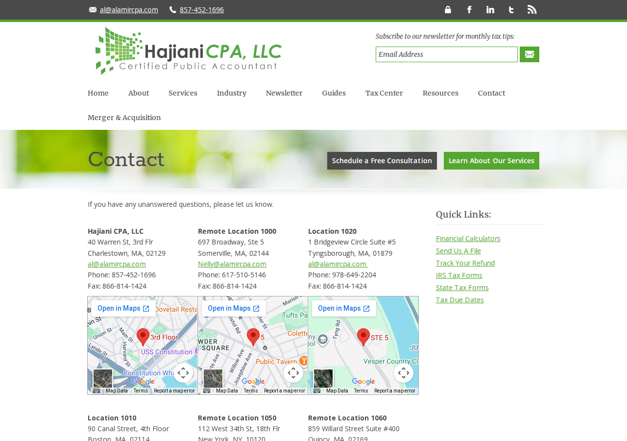 Screenshot of Charlestown, MA CPA Firm | Contact Page | Hajiani CPA, LLC