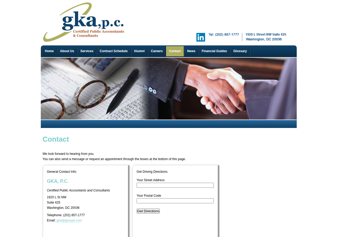 Screenshot of GKA, P.C.: A professional tax and accounting firm in Washington, District Of Columbia: Contact