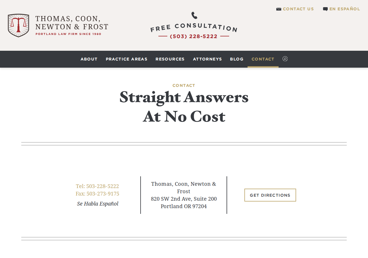 Screenshot of Contact Thomas, Coon, Newton & Frost - Answers At No CostFree ConsultationMobile Menu ToggleFree Consultation