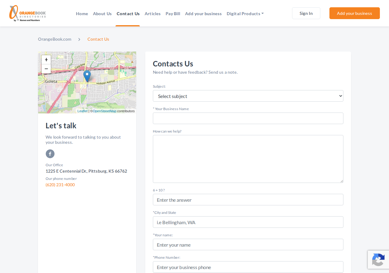 Screenshot of Contact Us - Orange Book