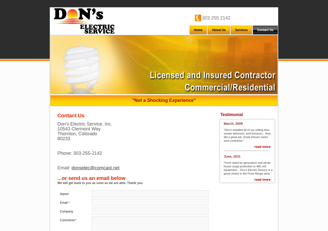Screenshot of Don's Electric Service - Contact Us - Denver Electrician - Denver - Thornton - Metro Area