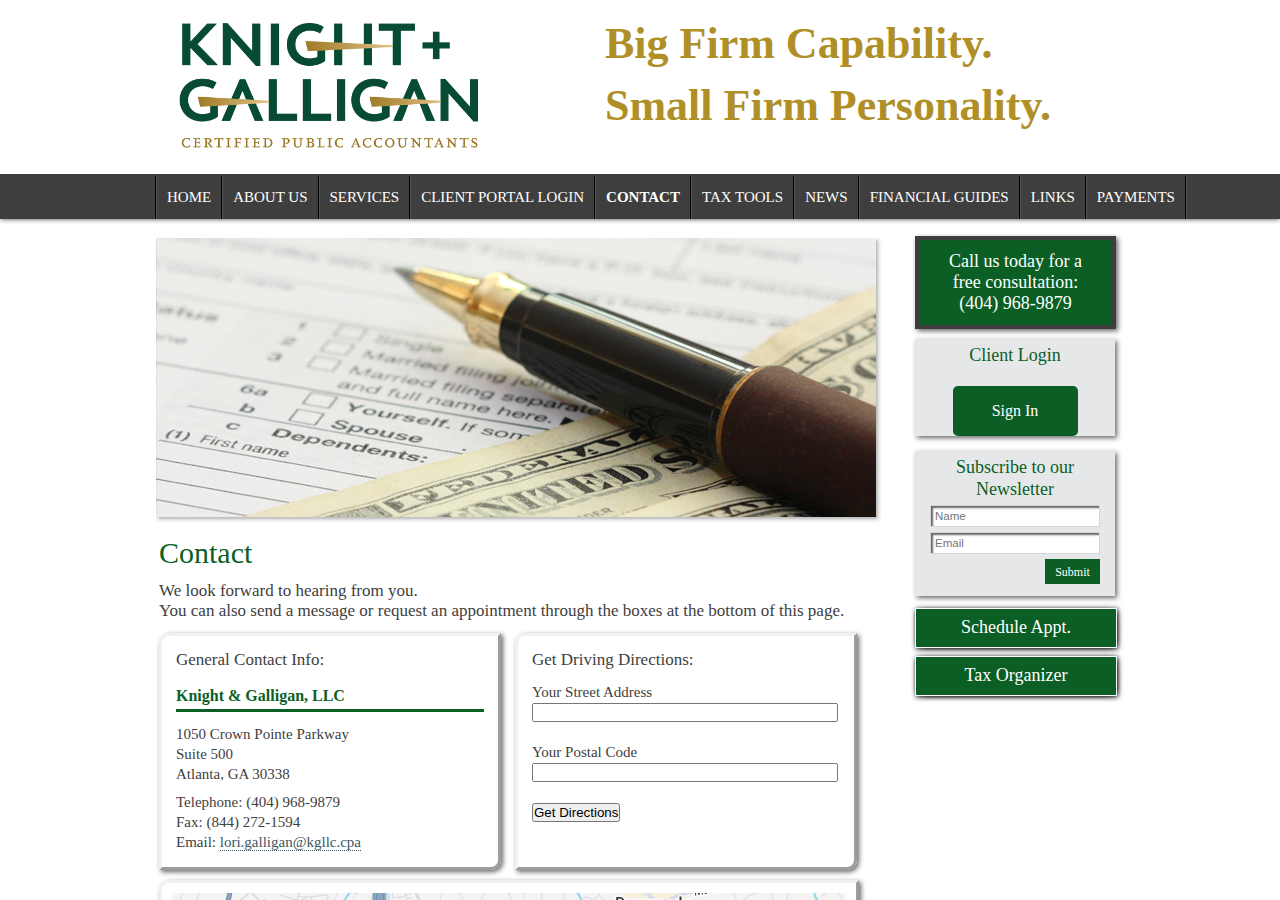 Screenshot of Knight & Galligan, LLC: A professional tax and accounting firm in Atlanta, Georgia: Contact