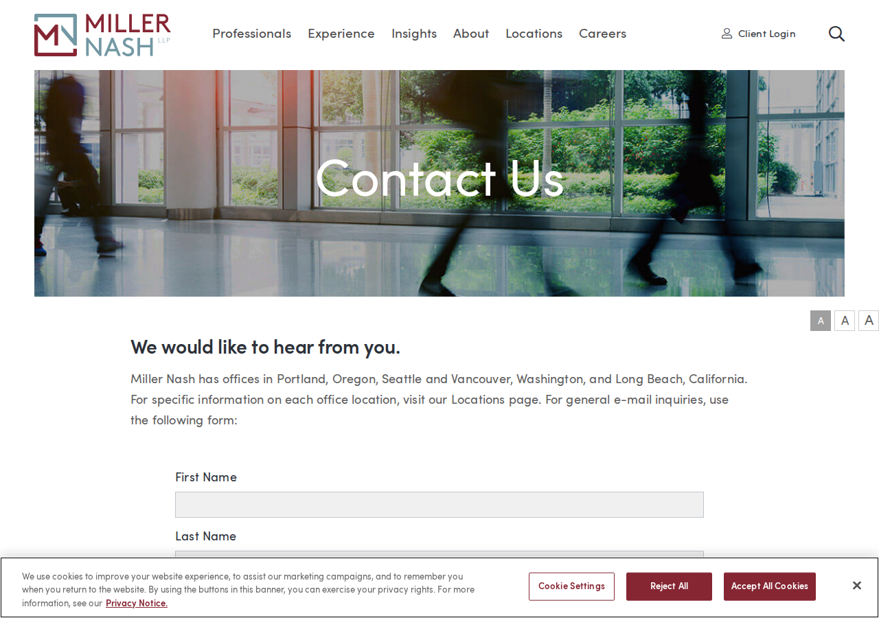 Screenshot of Contact Us | Miller Nash LLP