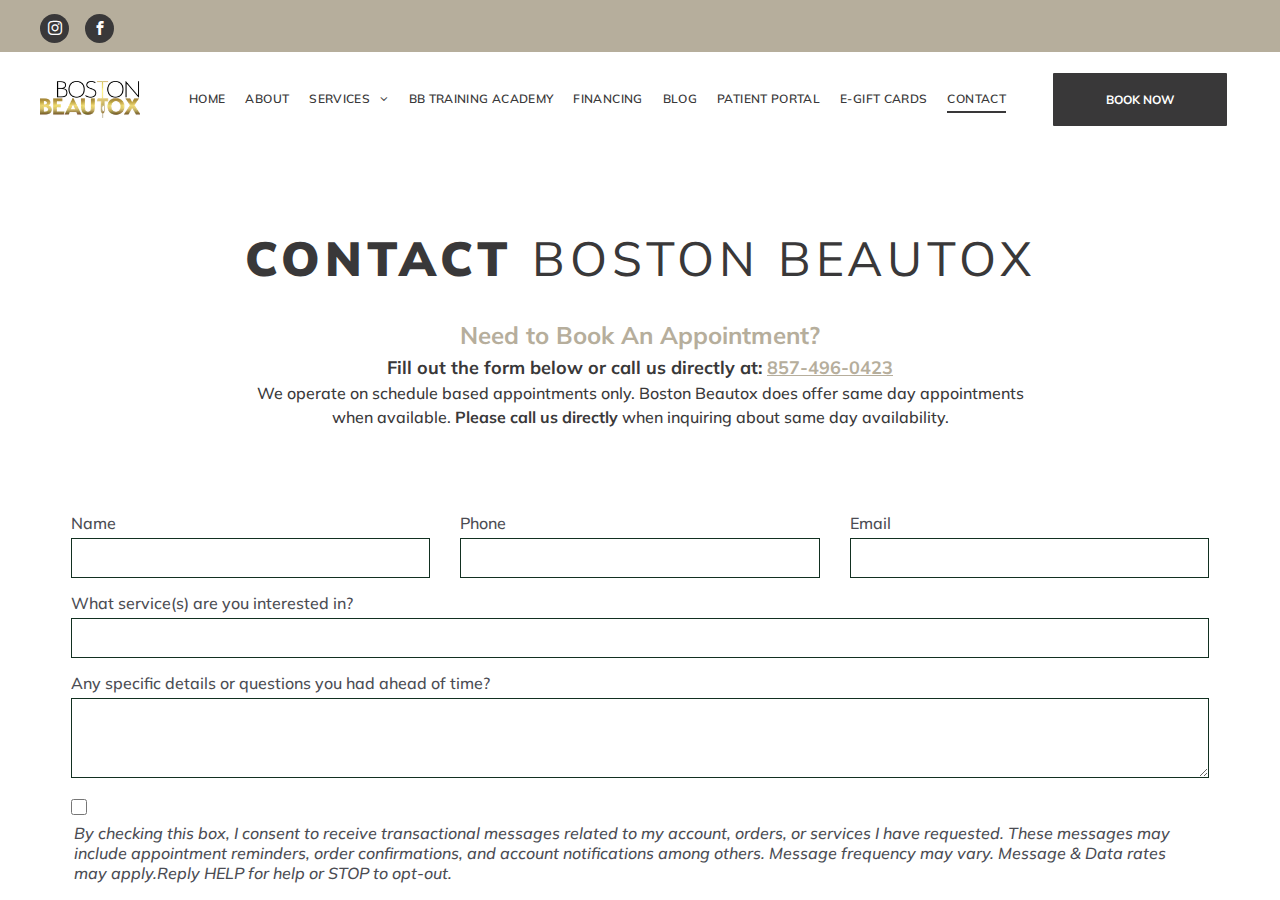 Screenshot of Contact Med Spa | Boston Beautox | South Boston