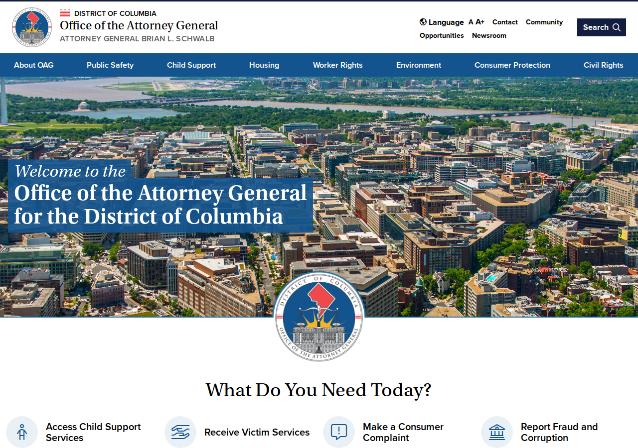 Screenshot of Office of Attorney General for the District of Columbia | Attorney General Brian SchwalbSocial Icons Block