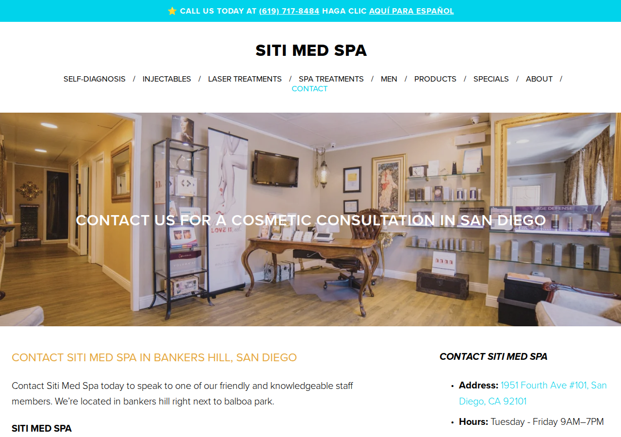 Screenshot of Discover personalized cosmetic treatments at Siti Med Spa in San Diego, including Botox, fillers, and laser services for radiant skin