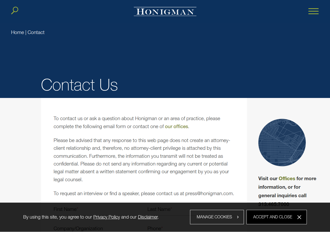 Screenshot of Contact Us: Law Firm, Attorneys, Lawyers - HonigmanHonigman LLPSearch iconLinkedin iconLinkedin iconBlog Icon