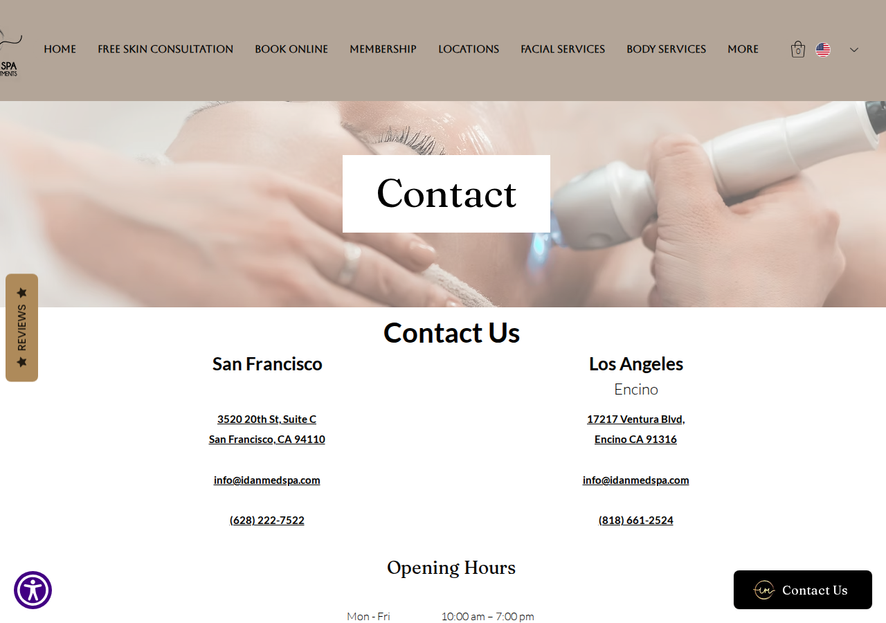 Screenshot of Contact | Idan Med Spa | Encino & San Francisco