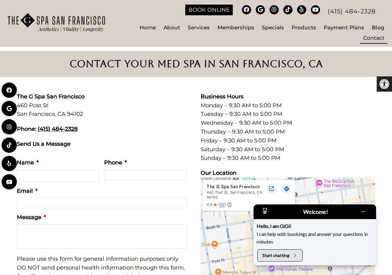 Screenshot of Med Spa Near Me - Contact Us | The G Spa San FranciscoAccessibility ToolsIncrease TextDecrease TextGrayscaleLinks UnderlineReadable Font