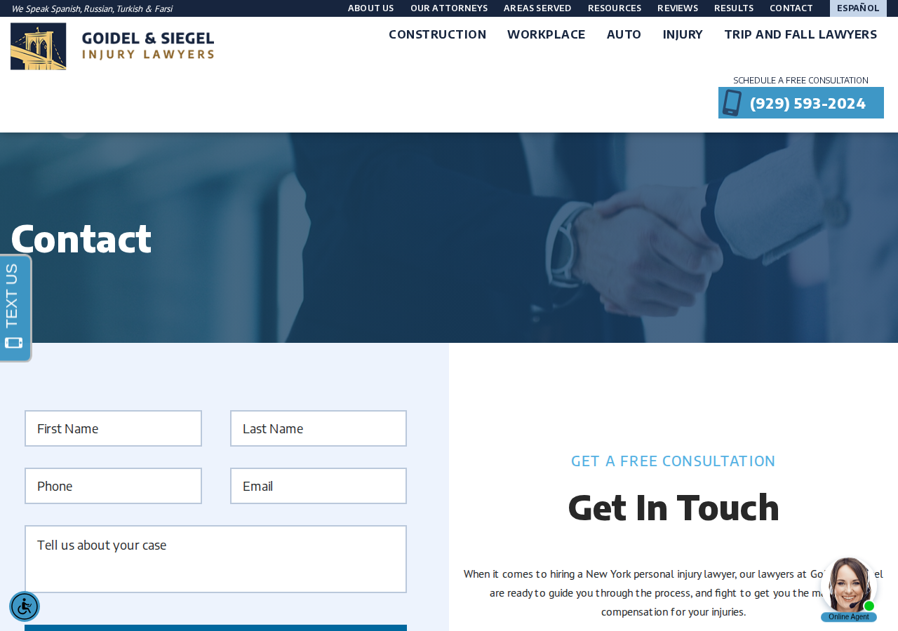 Screenshot of Contact Goidel & Siegel, LLP | New York Accident Injury & Construction Lawyers