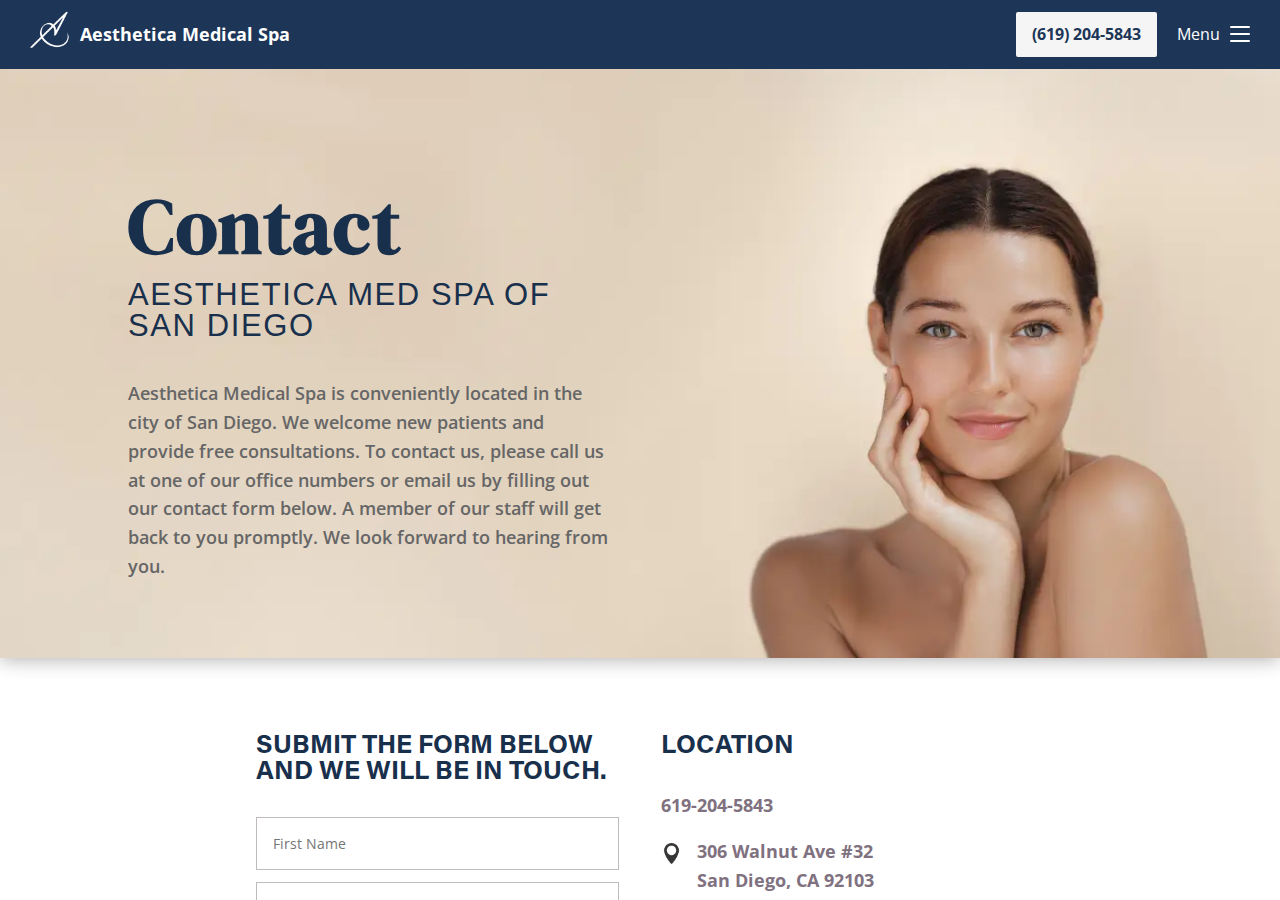 Screenshot of Contact Us | Aesthetica Med Spa in San Diego