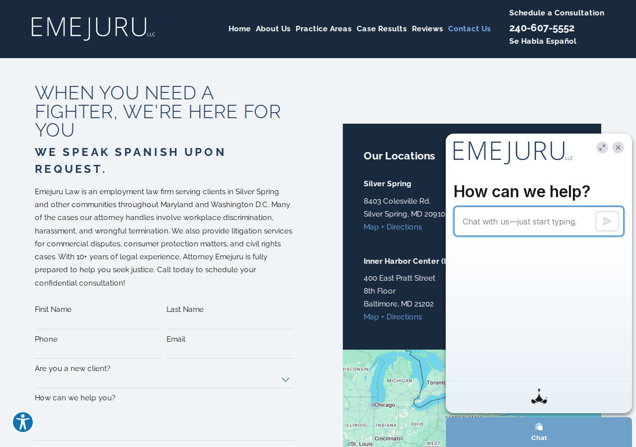 Screenshot of Contact Our Silver Spring Firm | Emejuru Law