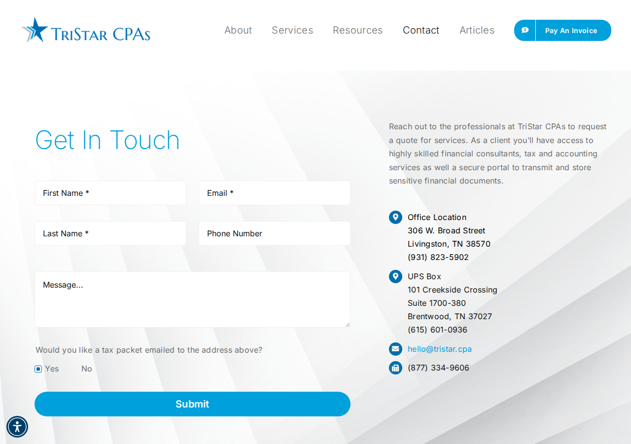 Screenshot of Contact Us | TriStar CPAs in Nashville, TN
