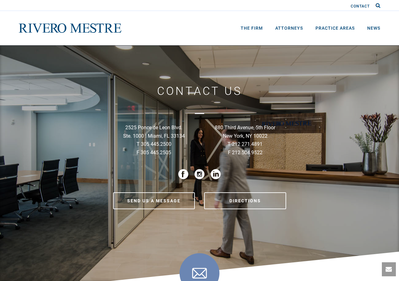 Screenshot of Contact Us - RIVERO MESTRE LLP | Miami + New York Attorneys | International Law | Commercial Litigation