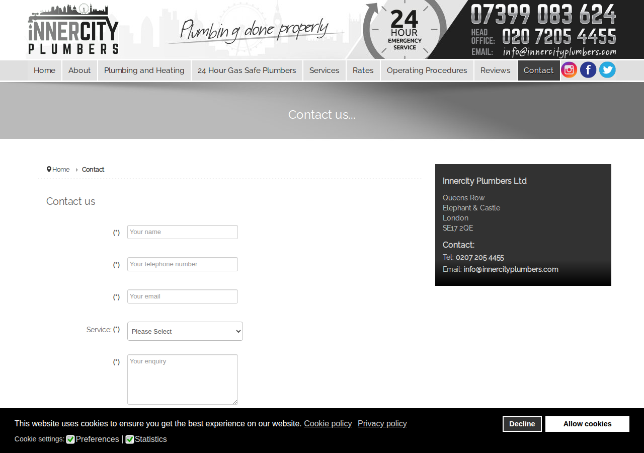 Screenshot of Contact Innercity Plumbers in London - Innercity
<link href='/plugins/system/plugin_googlemap3/plugin_googlemap3.css.php' rel='stylesheet' type='text/css' />
 Plumbers Ltd