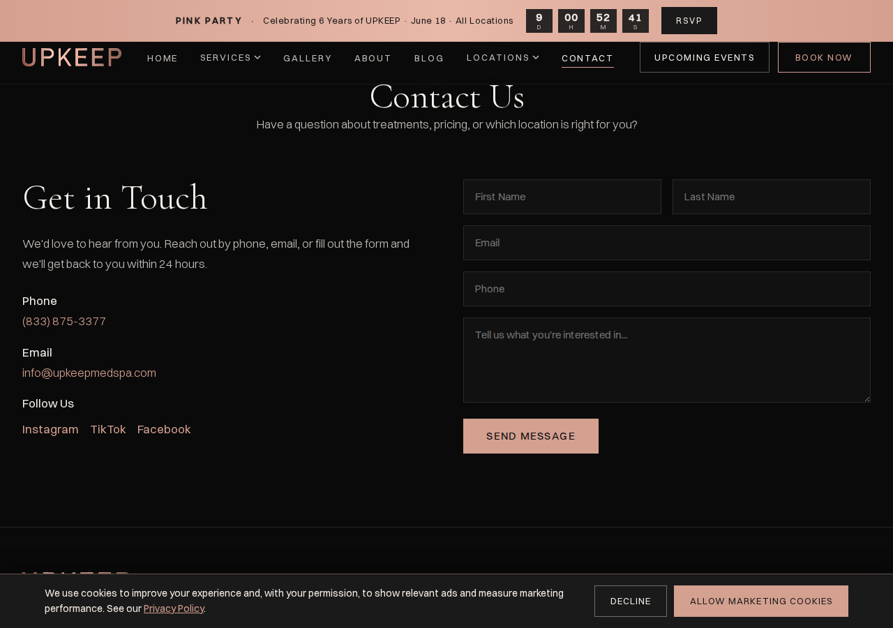 Screenshot of Contact | UPKEEP Med Spa