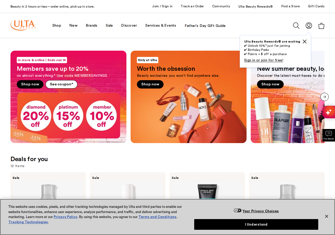 Screenshot of Ulta Beauty | Makeup, Skin Care, Fragrance, Hair Care & Beauty ProductsGo to Ulta Beauty homepageUltamateRewardsCreditCardFacebookInstagramPinterestTikTokTwitterYoutubeQ R CodePlayStoreAppStore
