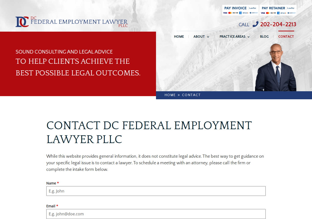 Screenshot of Contact | DC Federal Employment Lawyer PLLC | Washington