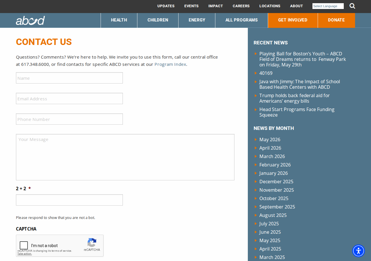 Screenshot of Contact Us - ABCD - Action for Boston Community Development