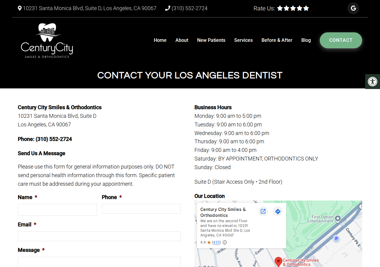Screenshot of Contact Your Los Angeles DentistAccessibility ToolsIncrease TextDecrease TextGrayscaleLinks UnderlineReadable Font