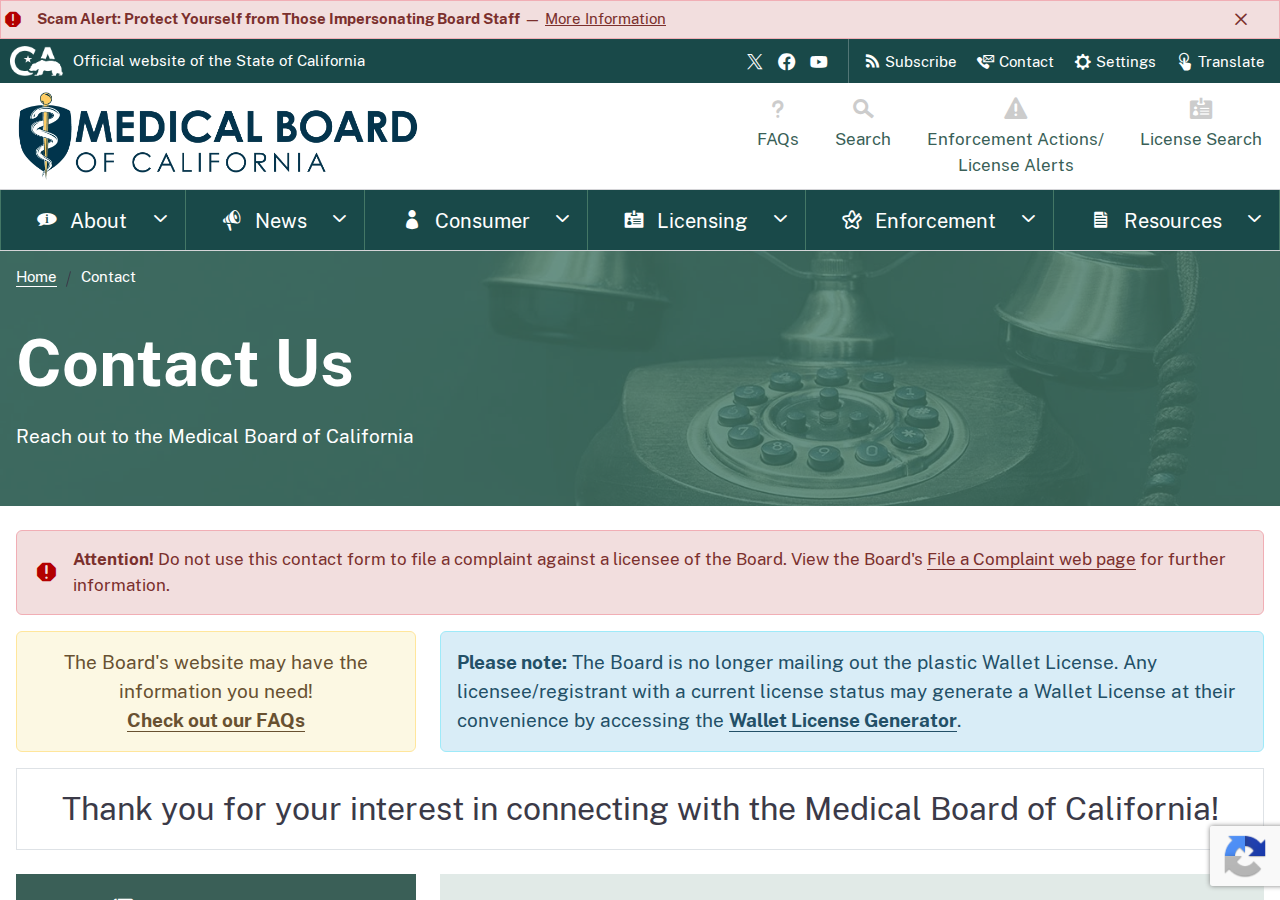 Screenshot of Contact | Medical Board of California