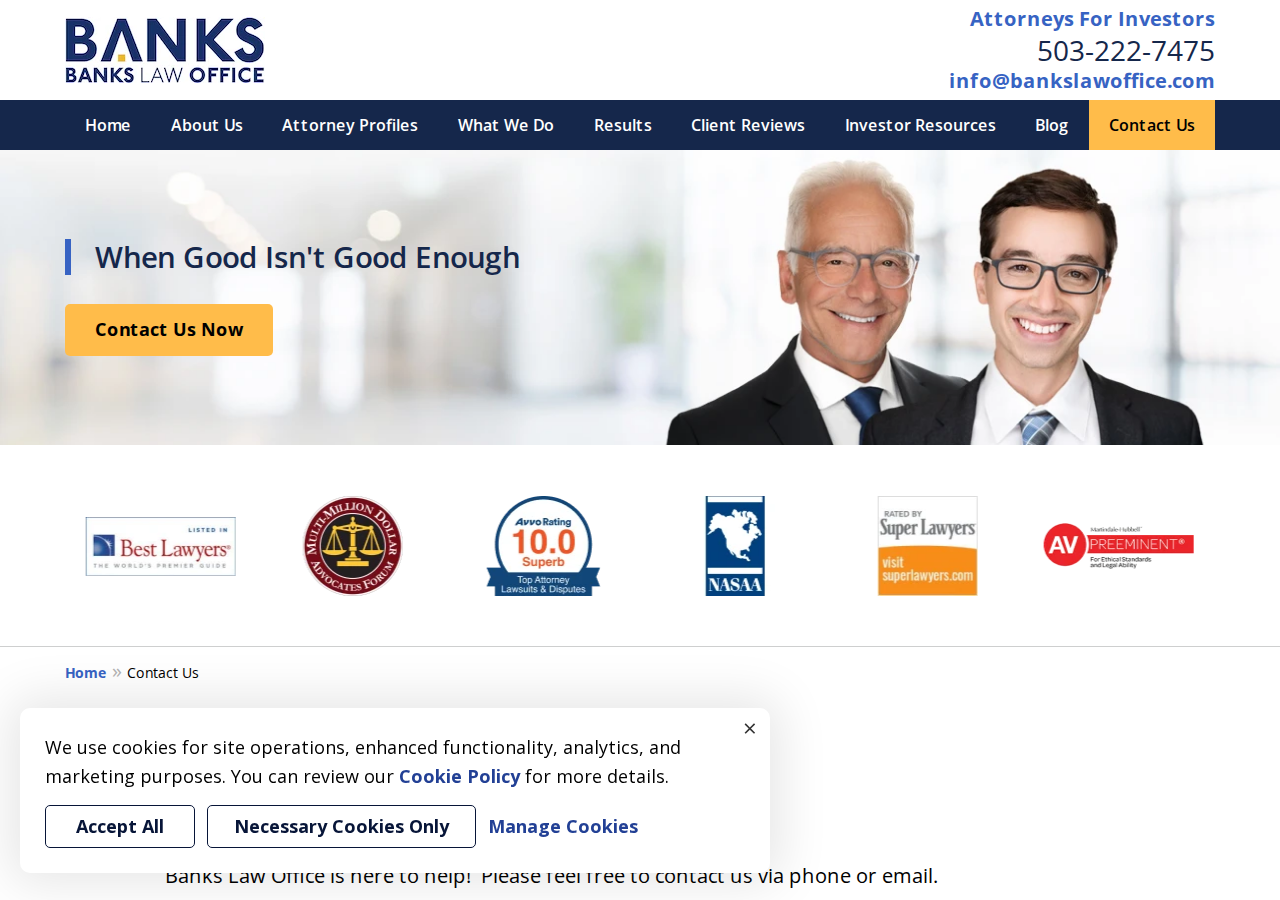 Screenshot of Contact Us | Portland Securities Fraud Lawyers Banks Law Office, P.C.