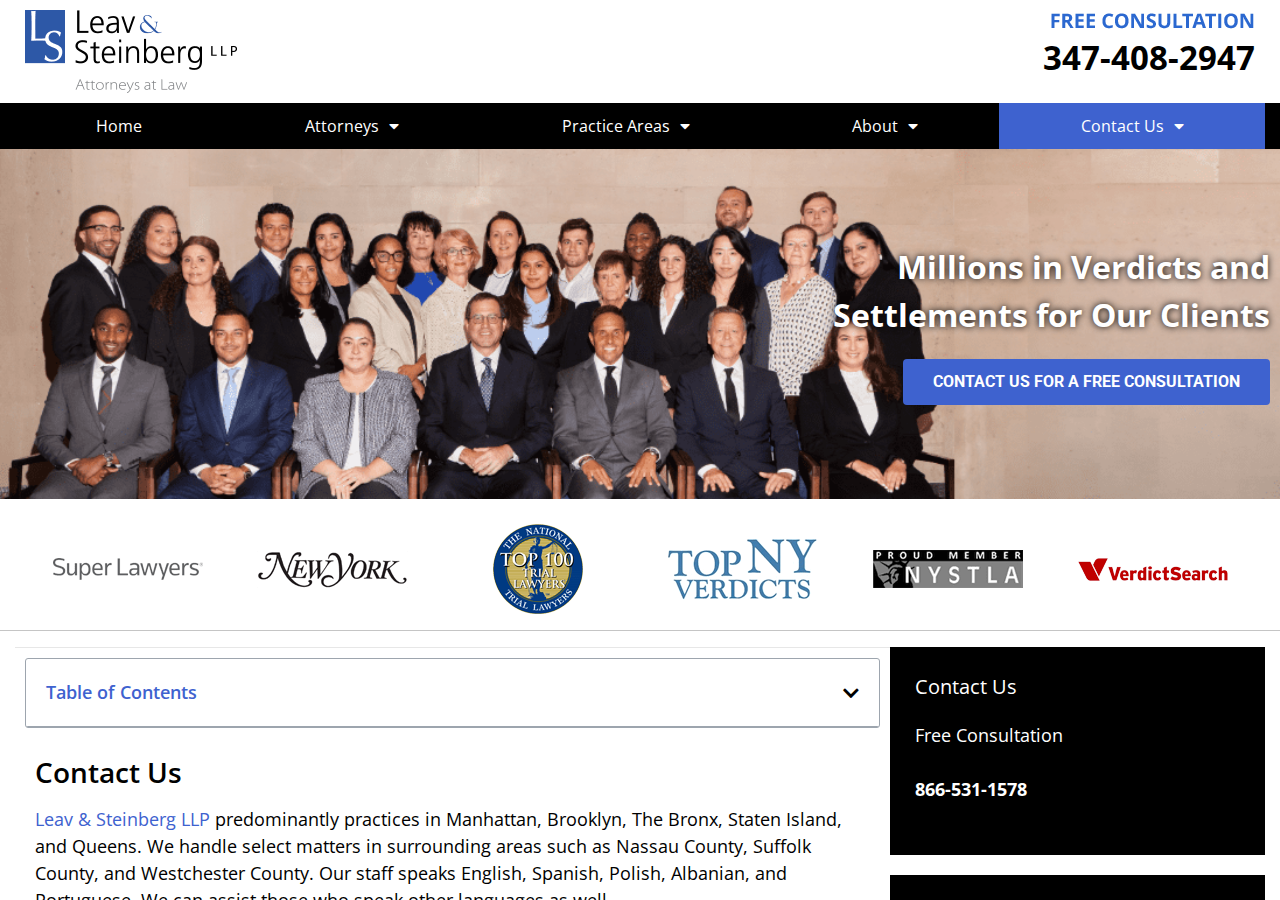 Screenshot of Contact Us | Leav & Steinberg, LLP