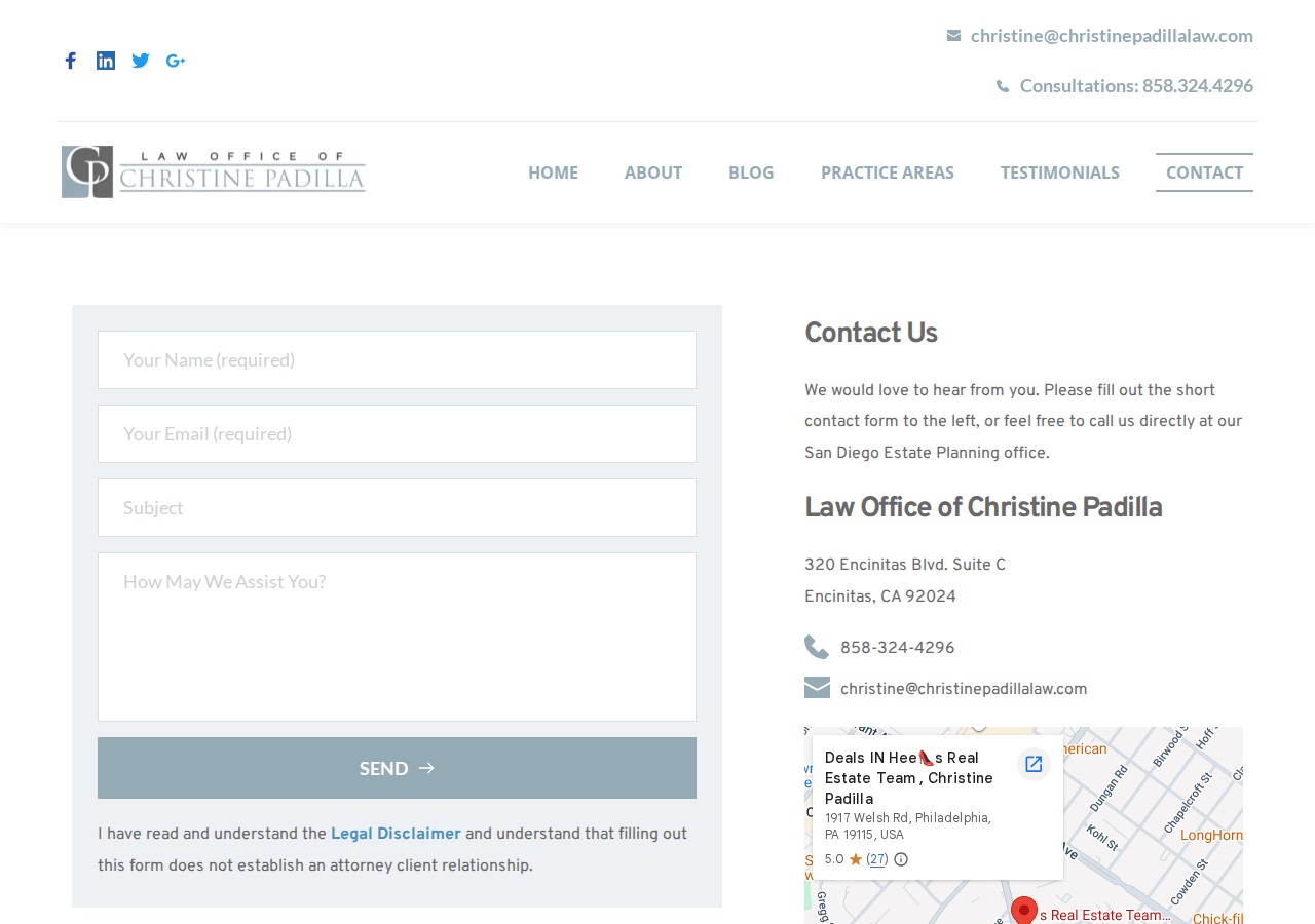 Screenshot of Contact | Law Office of Christine Padilla | San Diego Estate Planning Attorney Christine Padilla | The Law Office of Christine Padilla