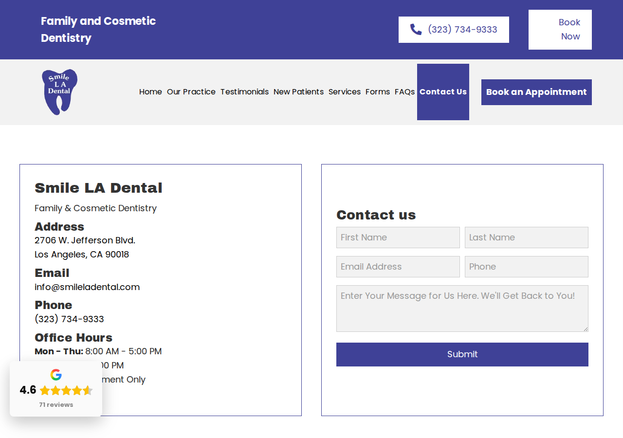 Screenshot of Contact Us - Smile LA Dental - Dental Appointment Scheduling