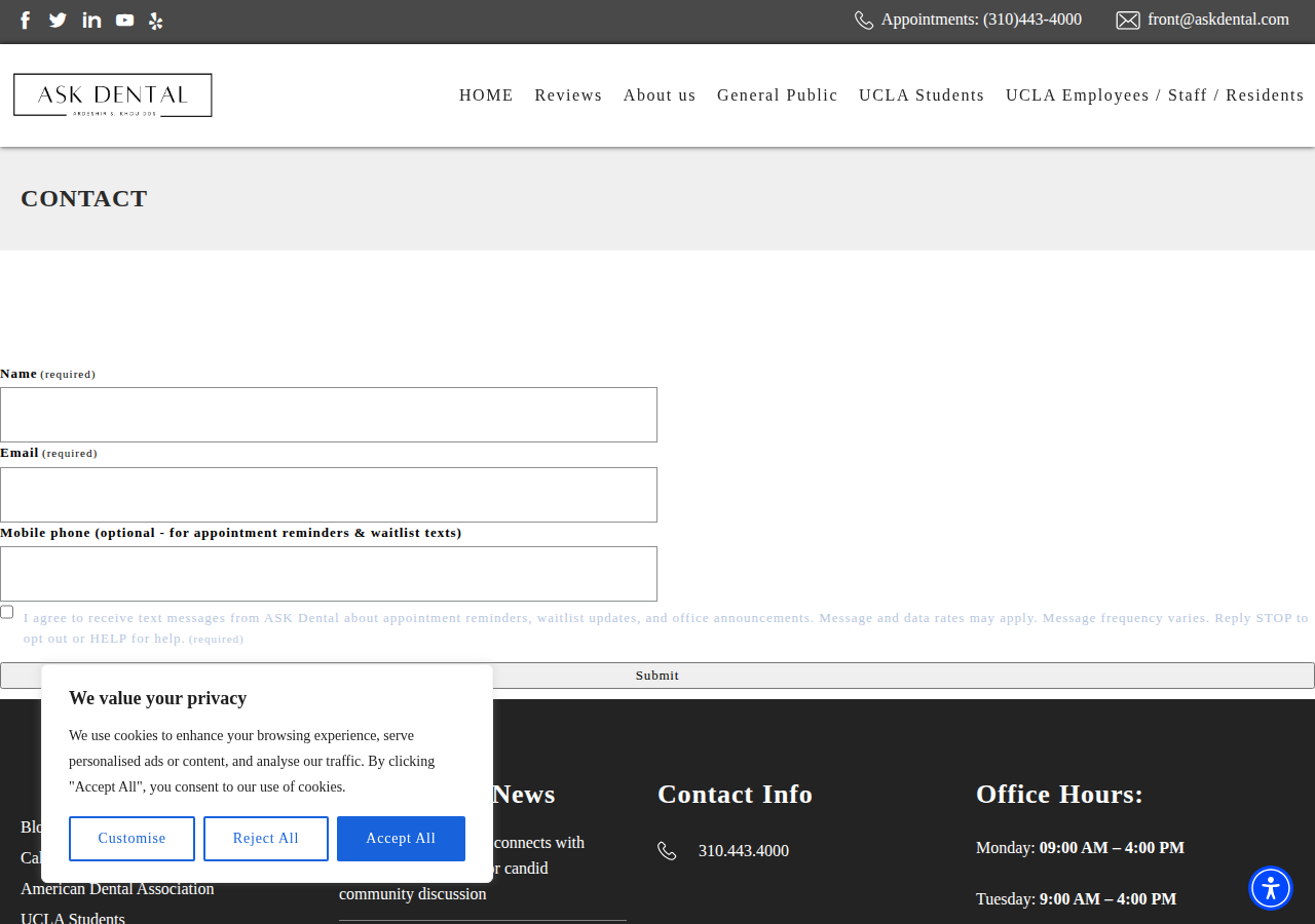 Screenshot of Contact | ASK DENTAL - Top Rated - West LA Dentist | PPO Plans Accepted - Dental Office Near UCLA Westwood