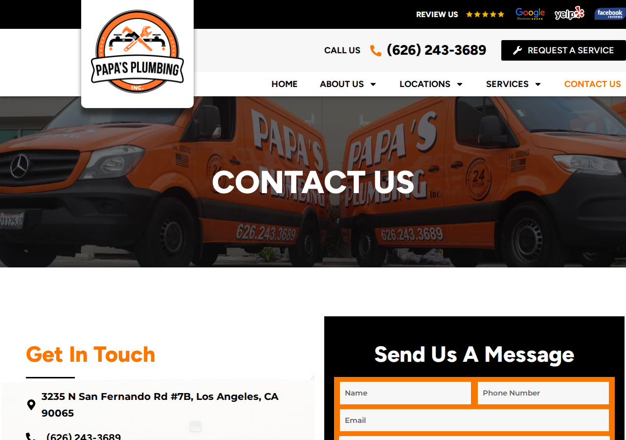 Screenshot of Contact Papa's Plumbing | 24/7 Los Angeles Plumber
