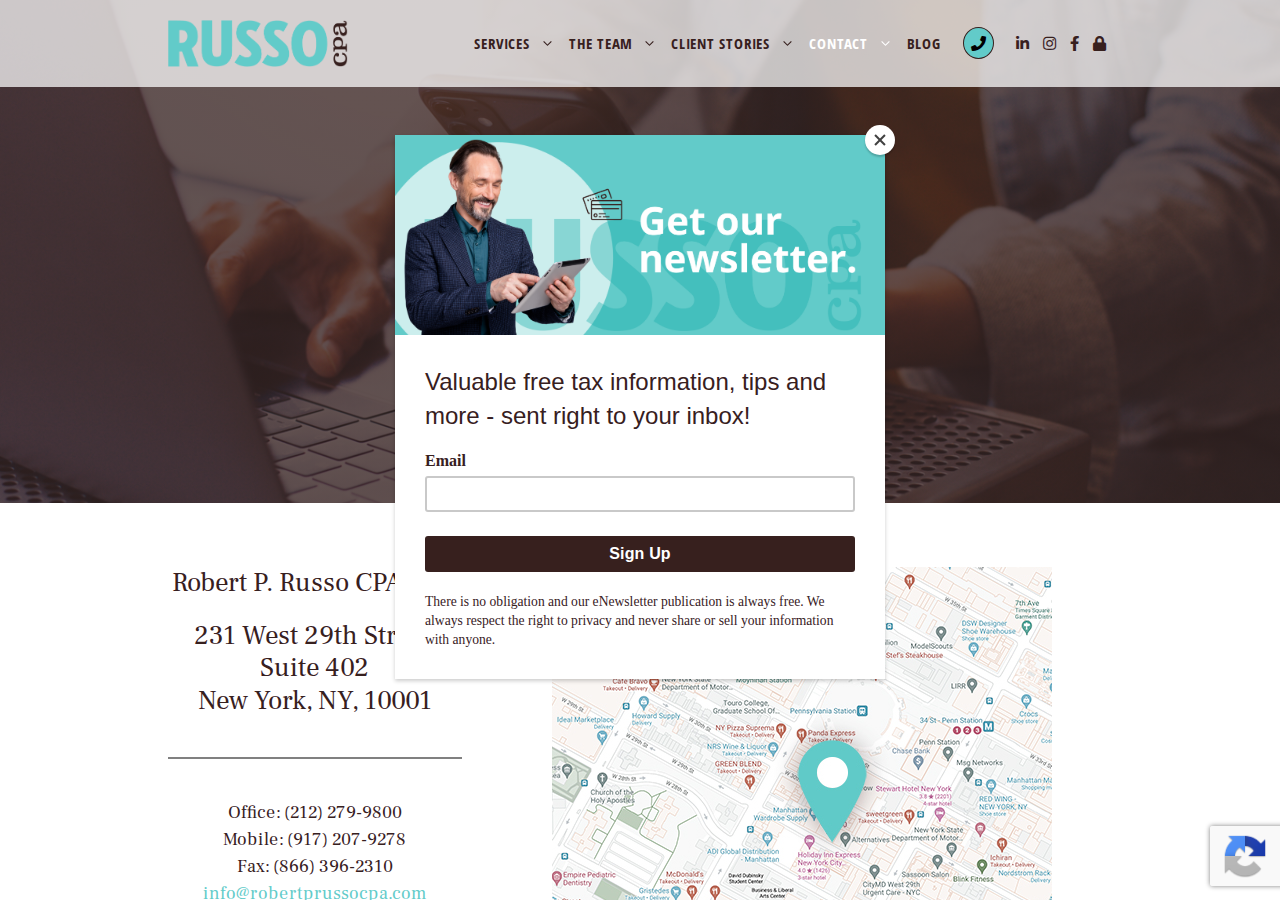 Screenshot of Contact Robert P. Russo CPA, P.C. and Free Tax Tips