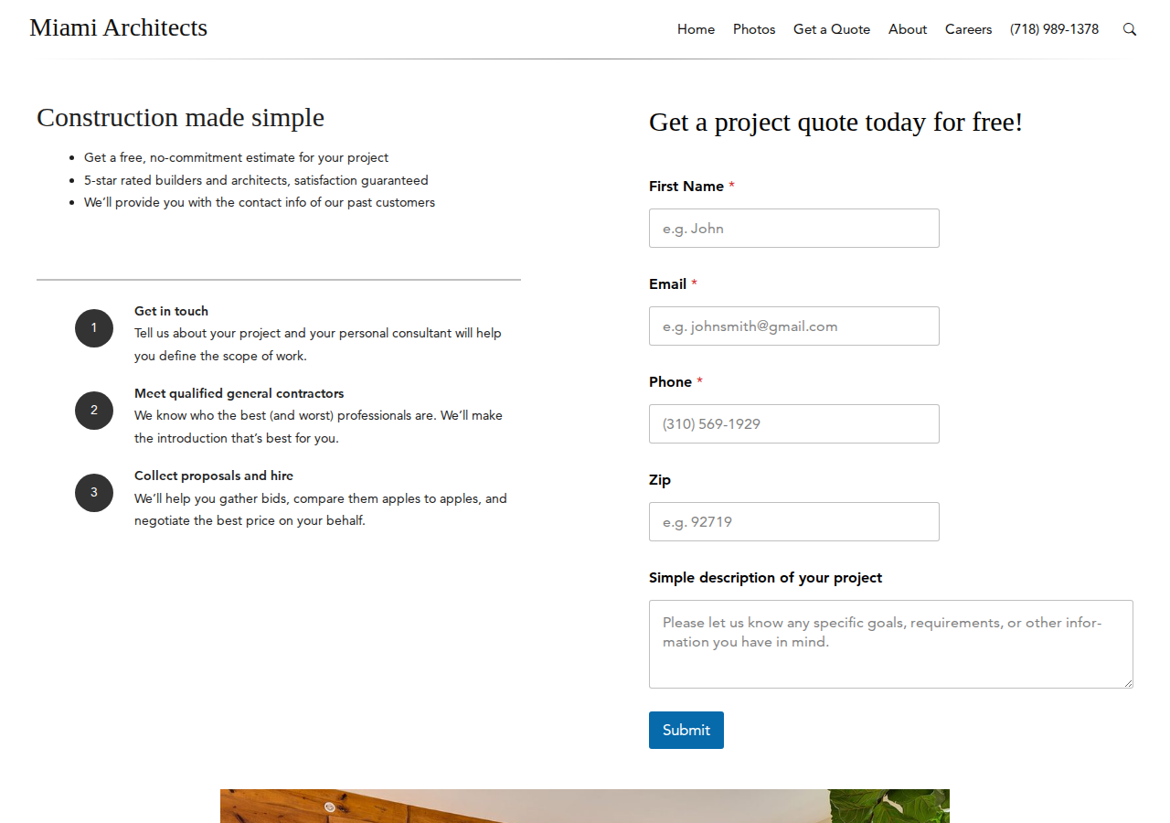 Screenshot of Get a quote - Miami Architects