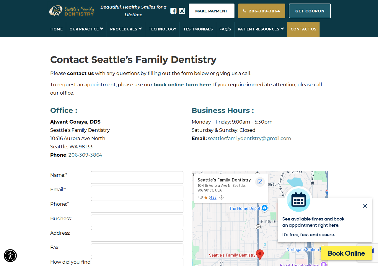 Screenshot of Contact our Family Dentistry in Seattle, WA, Kids & Emergency Dentist