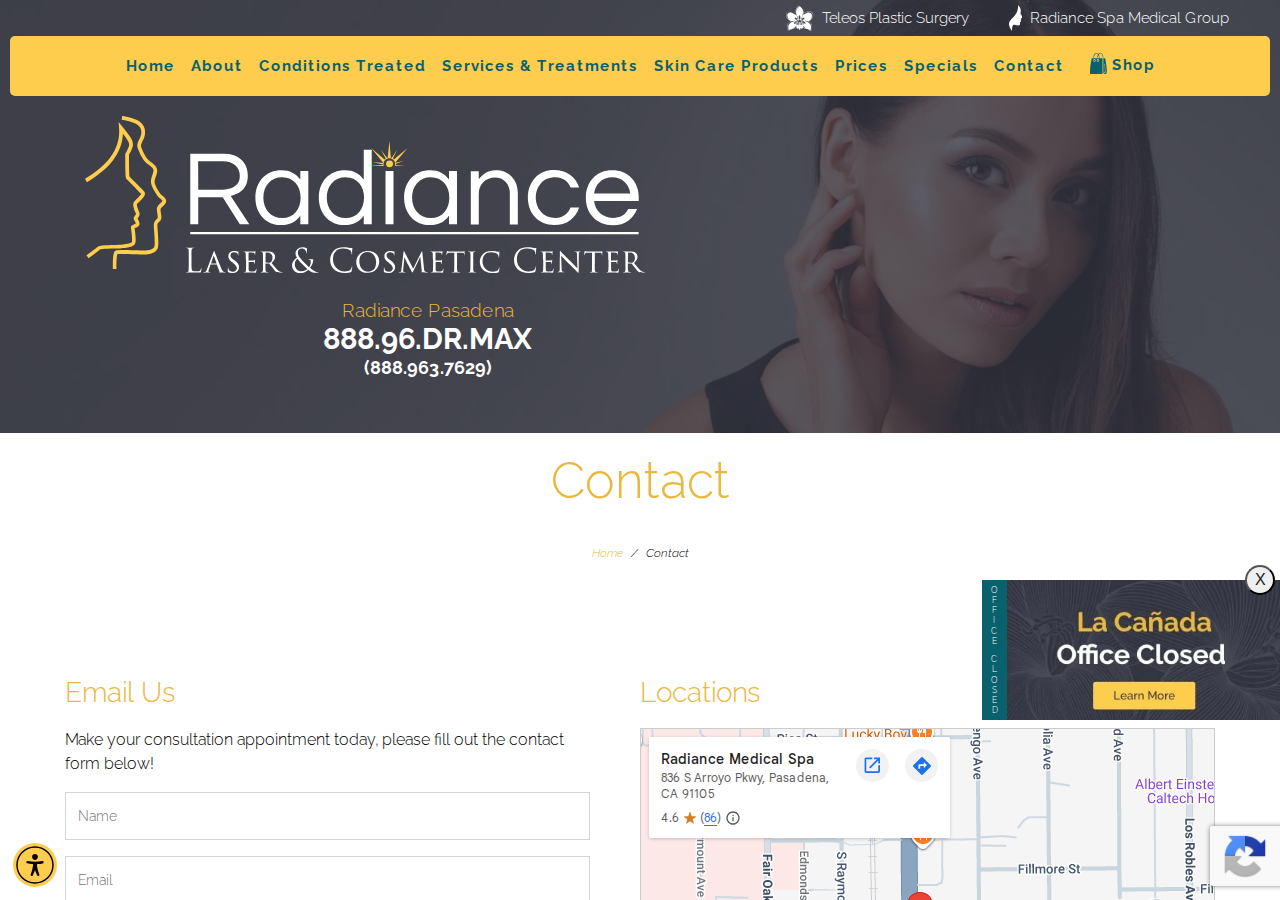 Screenshot of Contact Radiance Laser & Cosmetic Center in Pasadena CARadiance Laser and Cosmetic Center in La Canada and Pasadena
