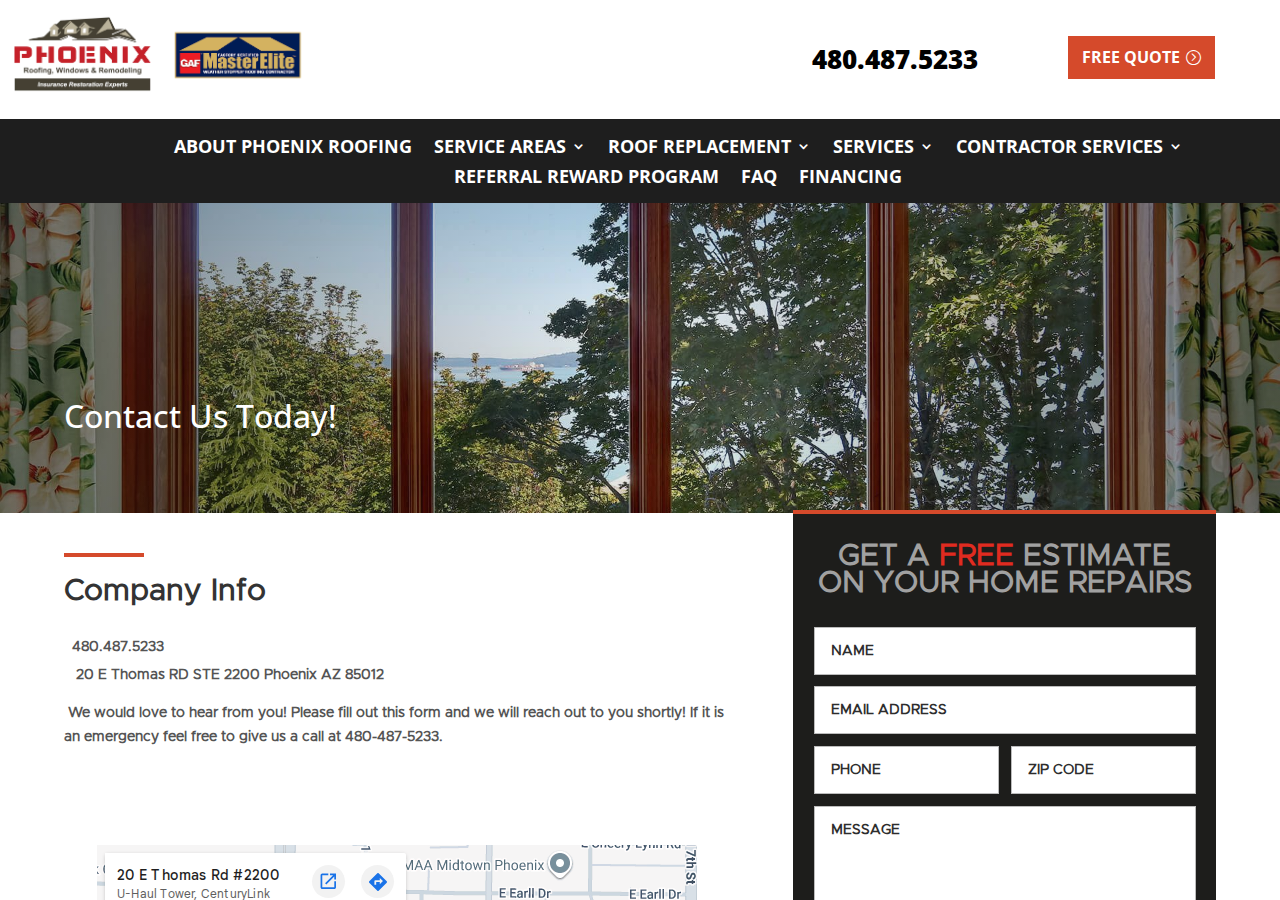 Screenshot of Contact | Phoenix Roofing