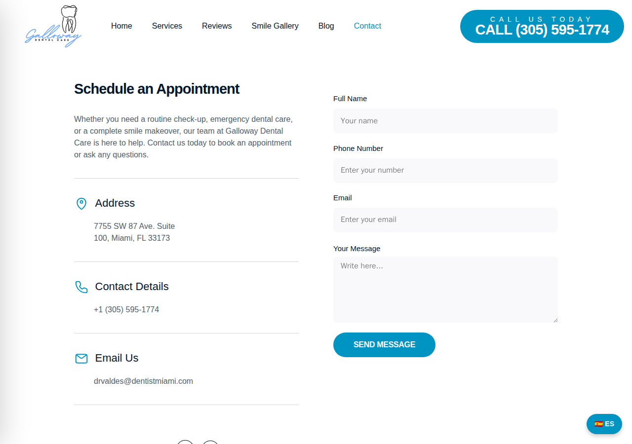 Screenshot of Contact Galloway Dental Care | Dentist in Miami, FL